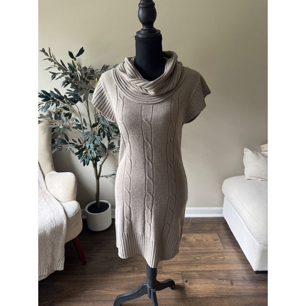Ambiance Apparel Taupe Brown Cable Knit Cowl Neck Short Sleeve Sweater Dress L